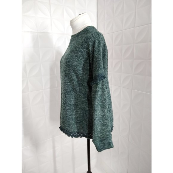KNOX ROSE Fringed SWEATER Heathered Green French Terry: Oversized XS or Reg M - Picture 6 of 12